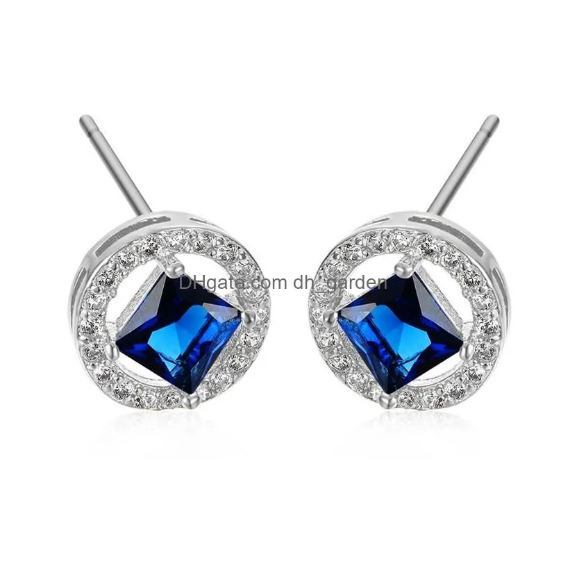 stud luxury female crystal white square earrings dainty rainbow round for women silver color wedding earringsstud