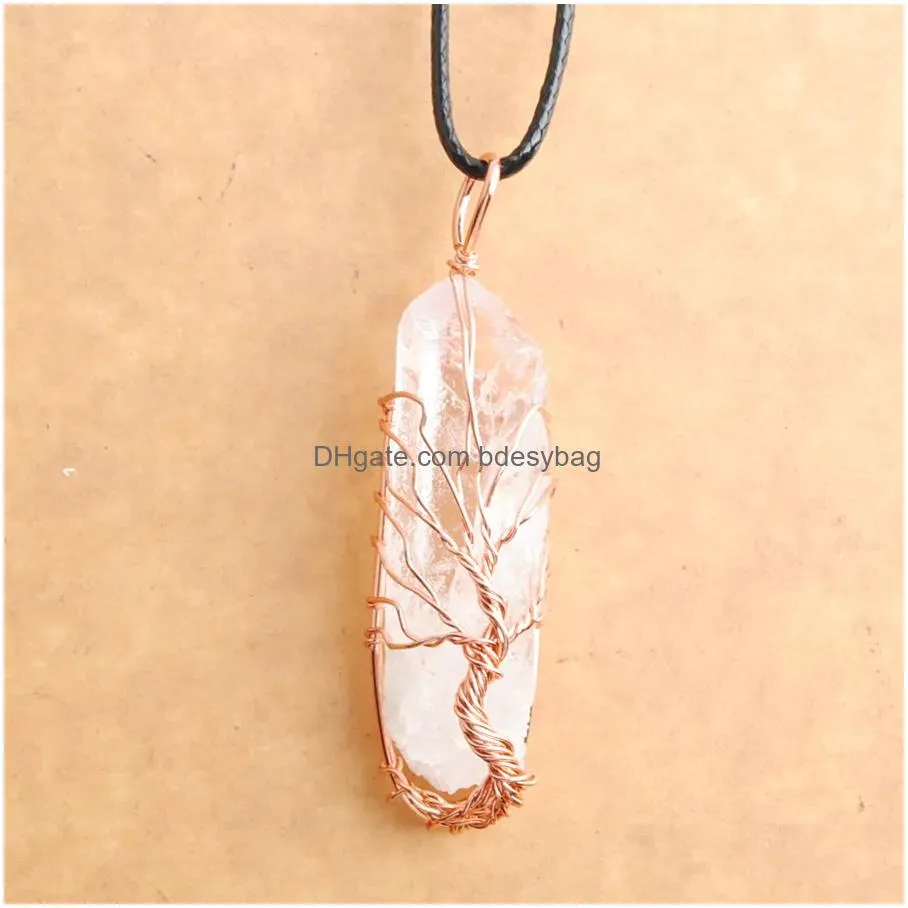 natural white crystal pillar pendants handmade white rose gold wire wrapped tree of life for necklace jewelry n3752