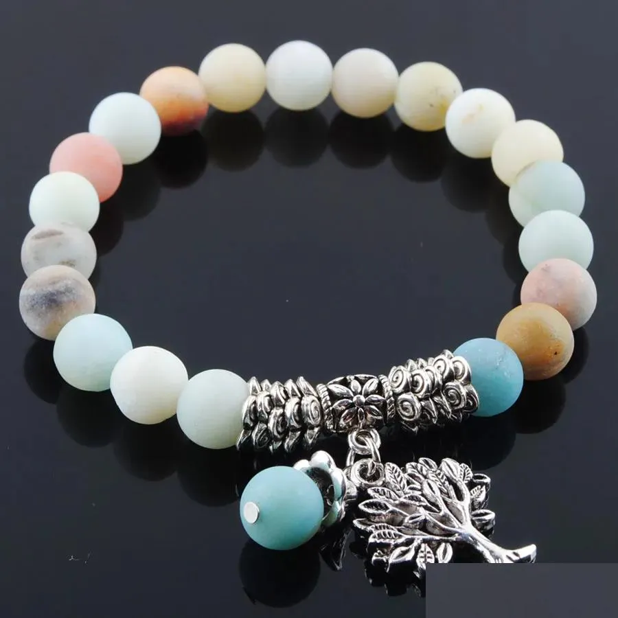 female lucky amazonite gem stone stretch bangle beads metal tree of life charms for women ladies bracelet jewelry gifts k3218