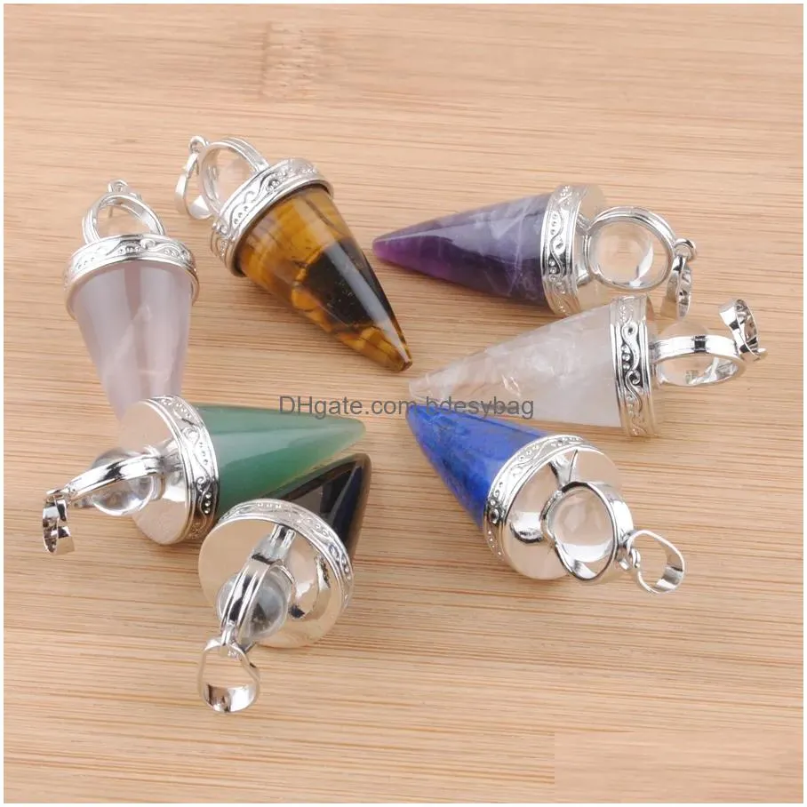 natural stone cone pendants reiki pendulums round crystal 3d jewelry amethyst tigers eye aventurine bn451