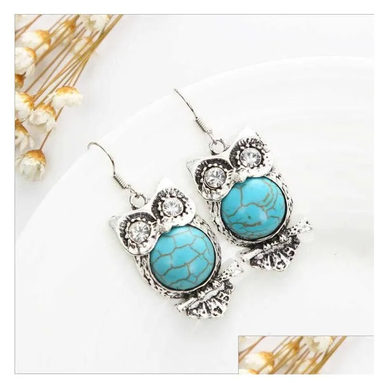 womens owl tibetan silver turquoise dangle chandelier earrings gstqe012 fashion gift national style women diy earring
