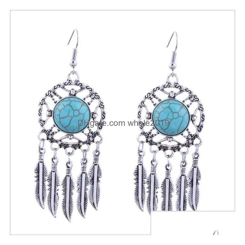 womens hollow leaf tibetan silver turquoise dangle chandelier earrings gstqe010 fashion gift national style women diy earring