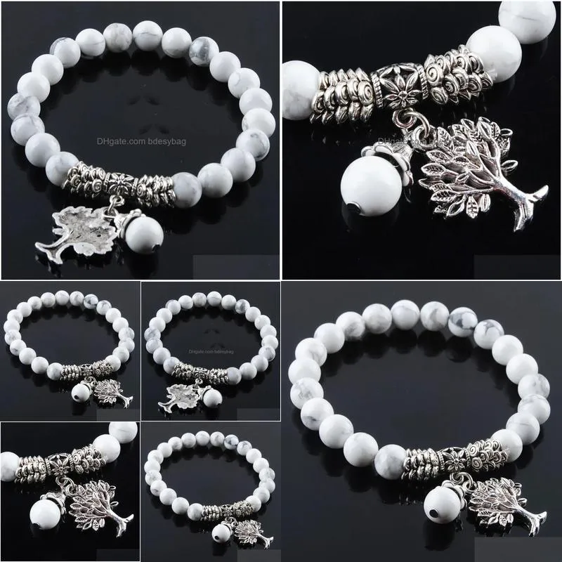 white turquoises semiprecious stones beaded bracelet 8mm beads tree of life charms jewelry k3220