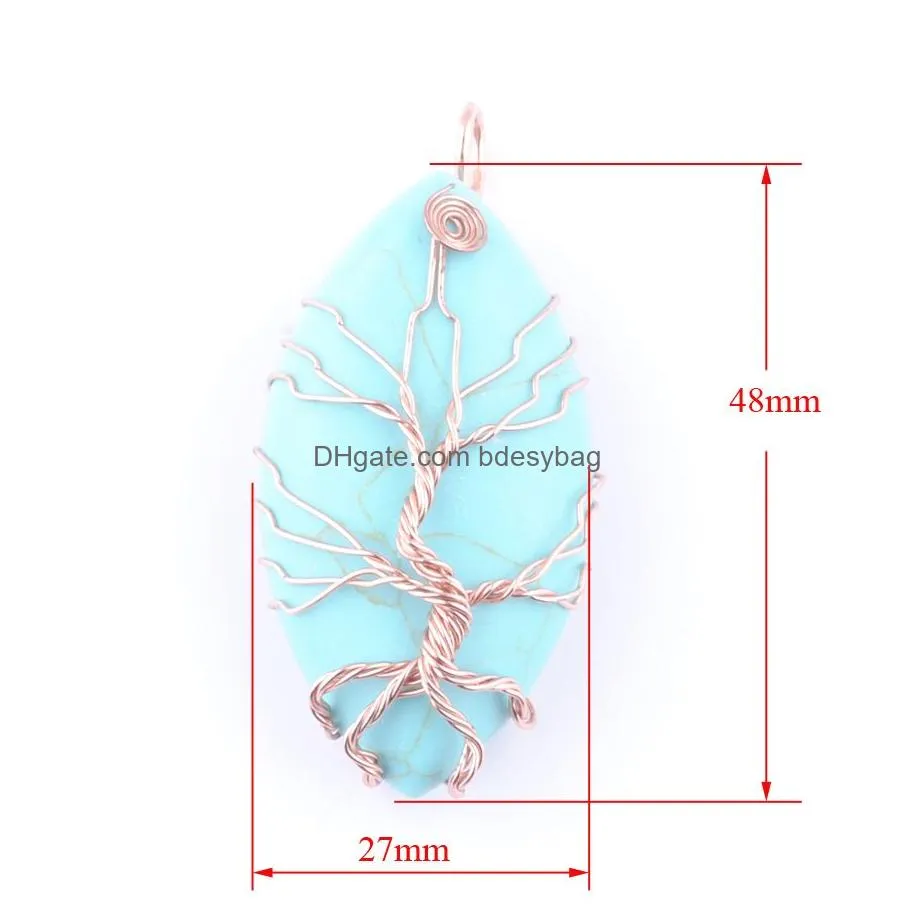 natural stone tree of life pendants rose gold wire wrap marquise shape jewelry turquoises purple crystal bn447