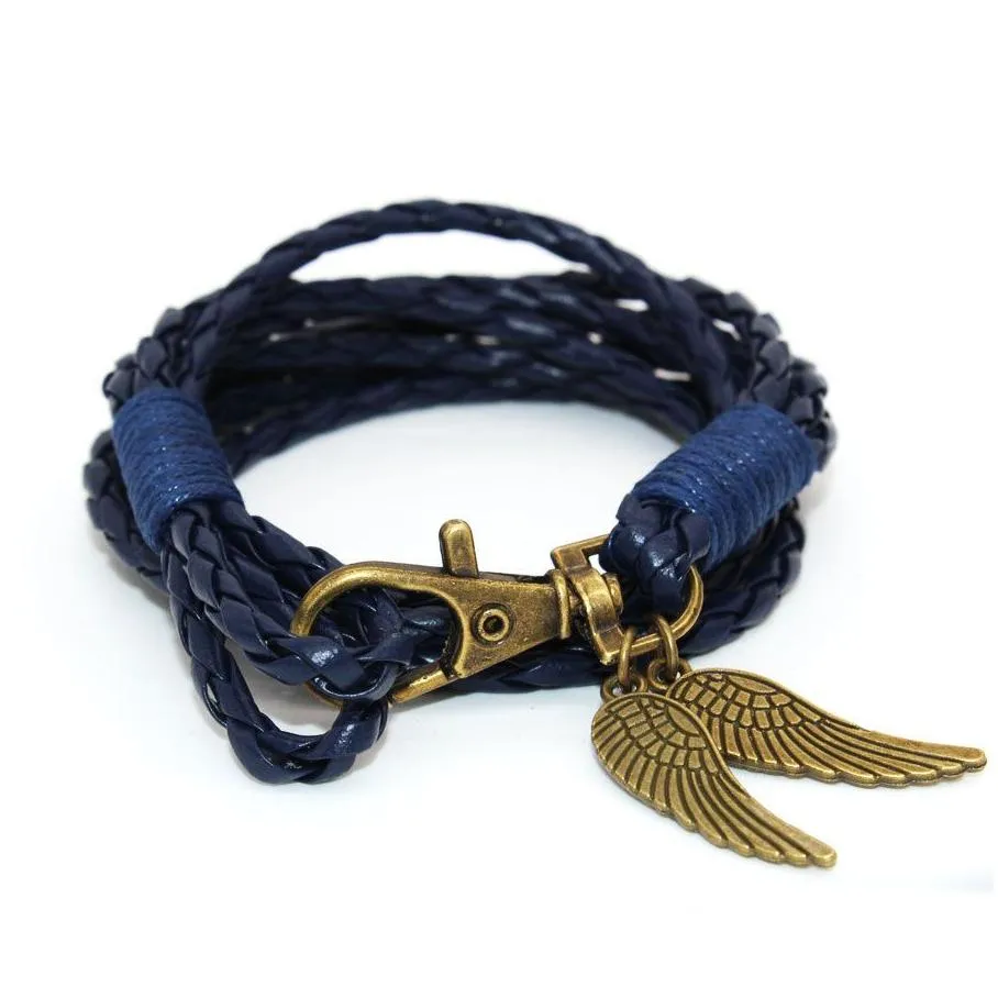 new lobster clasp feather pendant bracelet with multilayer woven leather rope gsfb120 mix order 20 pieces a lot charm bracelets