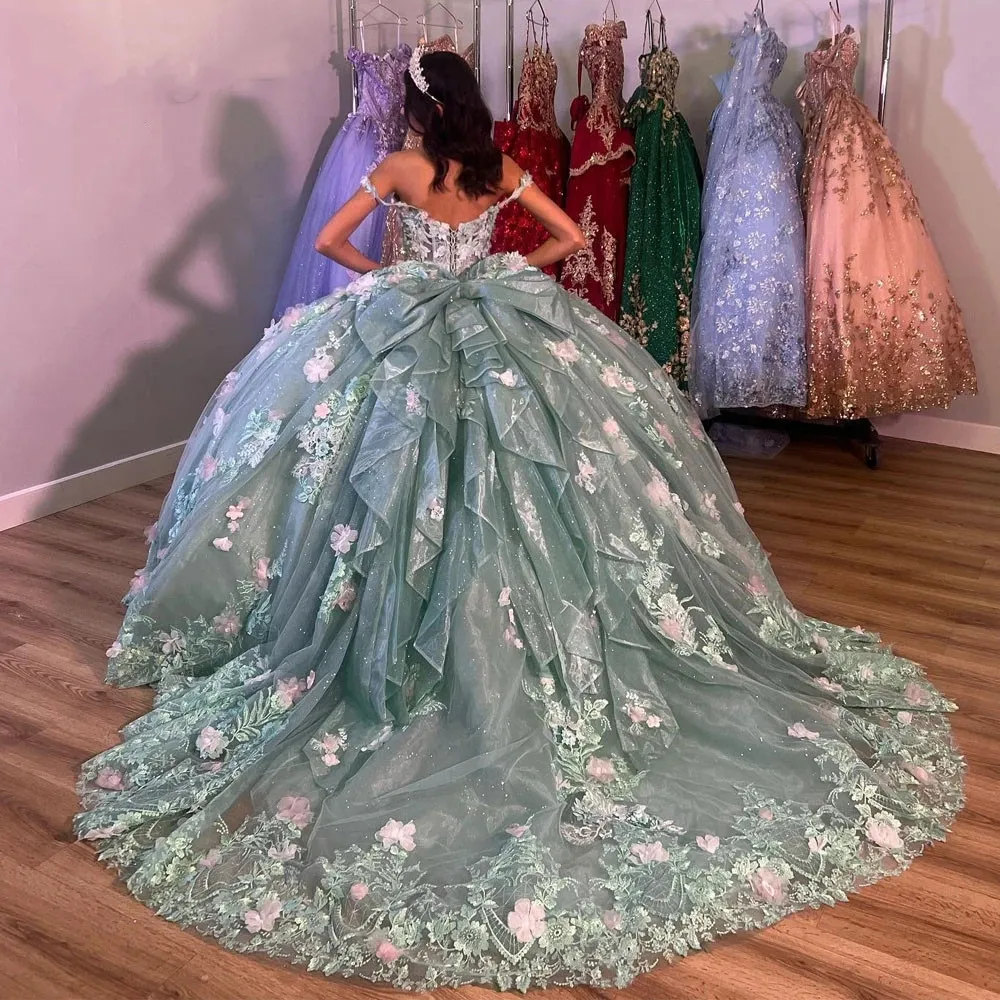 Princess Sage Embroidered Lace Quinceanera Dresses 2023 Off Shoulder Mexican Lace Up Graduation Gowns For sweet 15 16