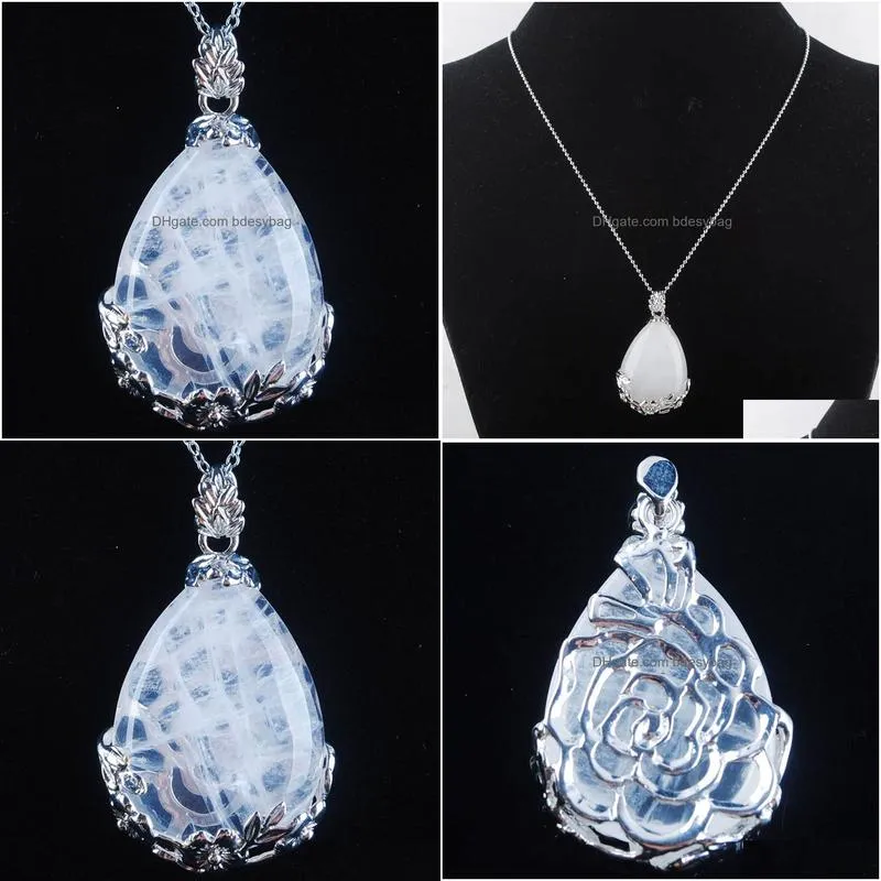 natural gem stone pendant teardrop white crystal love beads reiki chakra healing pendant necklace chain jewelry n3464
