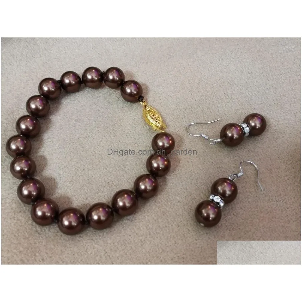 necklace earrings set women jewelry 8mm 10mm 12mm brown coffee round natural south sea shell pearl bracelet dangle hook earring