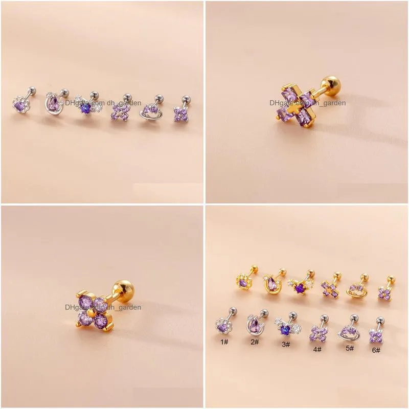 stud earrings 1piece purple zircon cross flower for women 2022 jewelry ear cuff double screw stainless steel piercing
