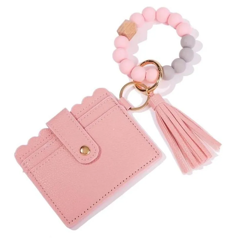 new fashion pu leather bracelet wallet keychain party favor tassels bangle key ring holder card bag silicone beaded wristlet keychains handbag