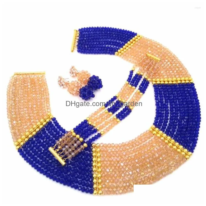 necklace earrings set aczuv royal blue gold nigerian traditional wedding african beads jewelry 10cch004