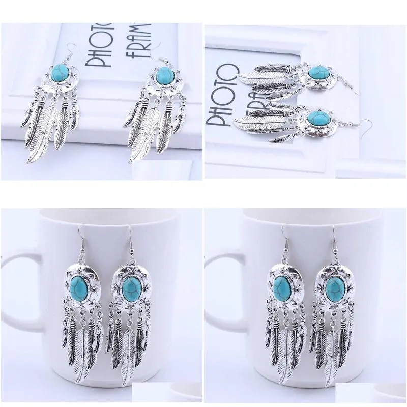 womens feather tassel tibetan silver turquoise charm earrings gstqe038 fashion gift national style women diy earring