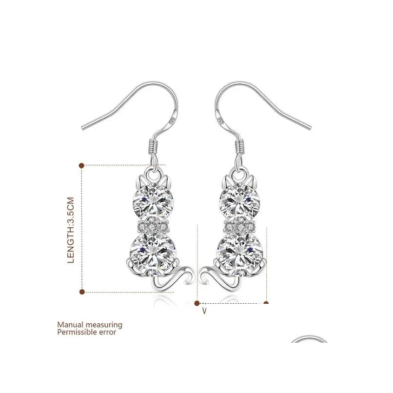 womens sterling silver plated double stone cat earrings dangle chandelier gsse335 fashion 925 silver plate earring gift