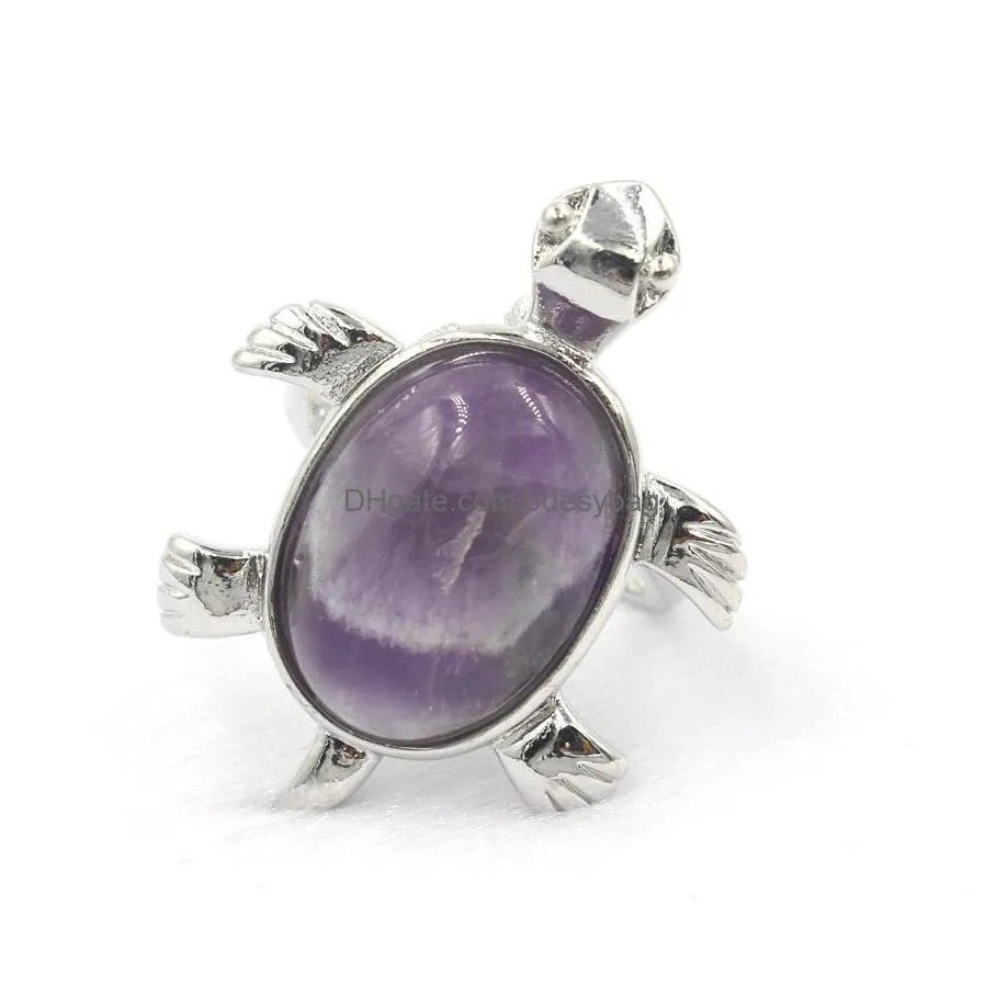 yowost women ring reiki natural gemstones amethyst pink quartz lapis silver color finger rings cute animal tortoise fashion jewelry