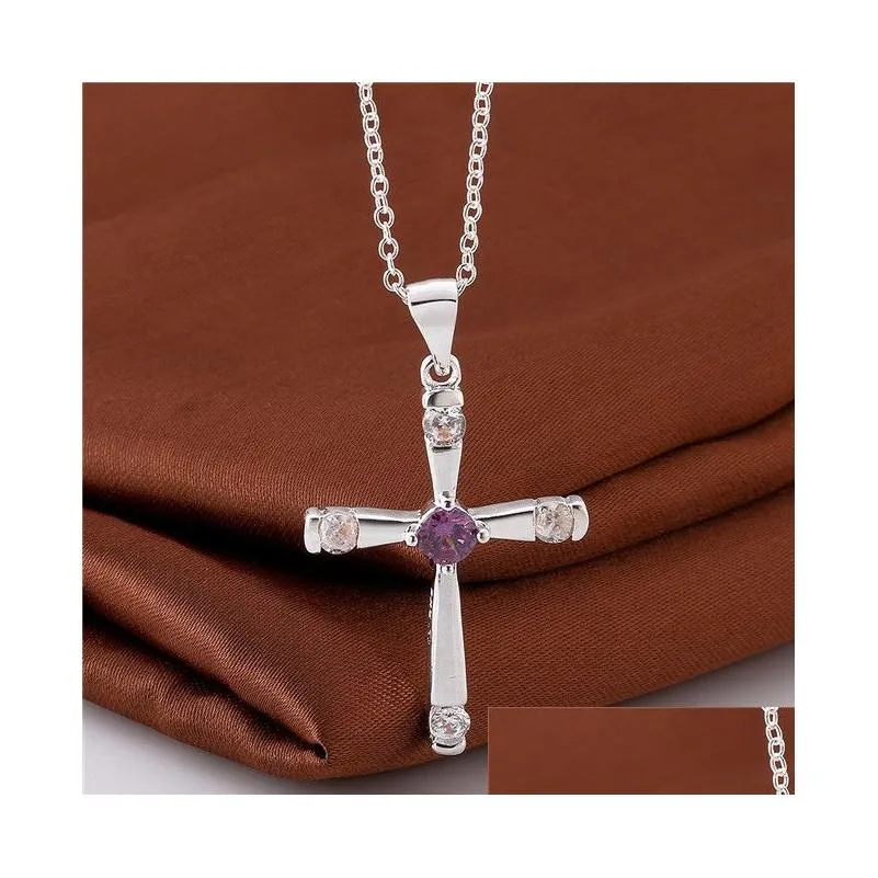 sterling silver plated cross purple zircon pendant necklaces gssn656 fashion lovely 925 silver plate jewelry necklace