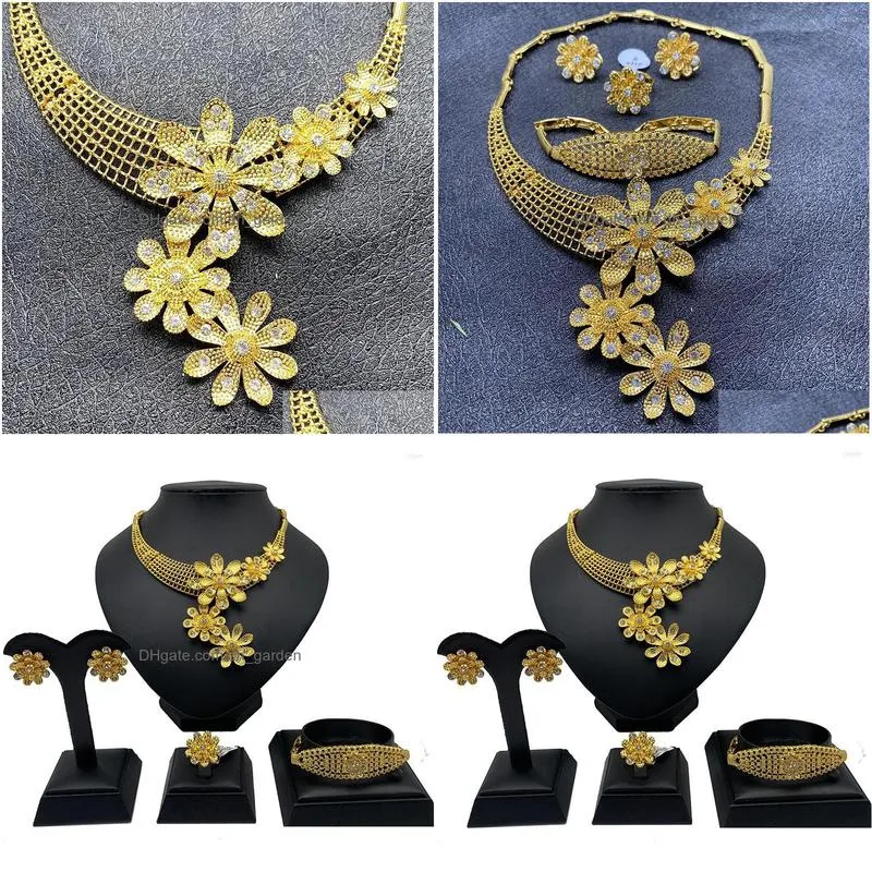 necklace earrings set dubai 24k gold color african wedding bridal gifts for women ethopian bracelet saudi arab ring