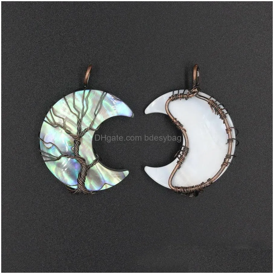 yowost natural abalone shell crescent moons pendants silvers rose gold ancient copper wire wrapped tree of life necklace making jewelry