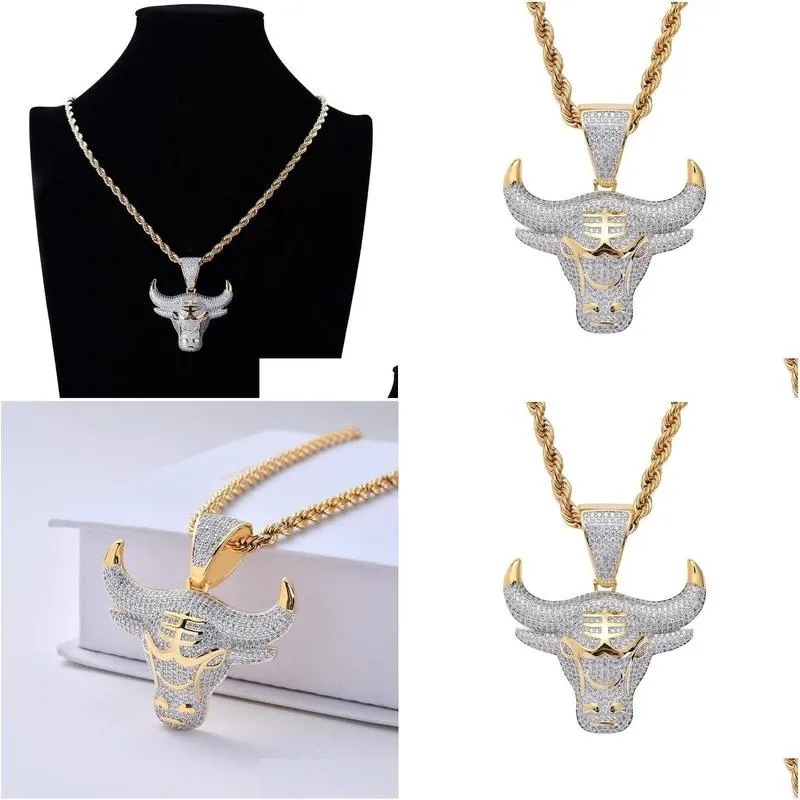 pendant necklaces hip hop out zircon animal bull head necklace for men creative punk rock party jewelry giftpendant necklacespendant