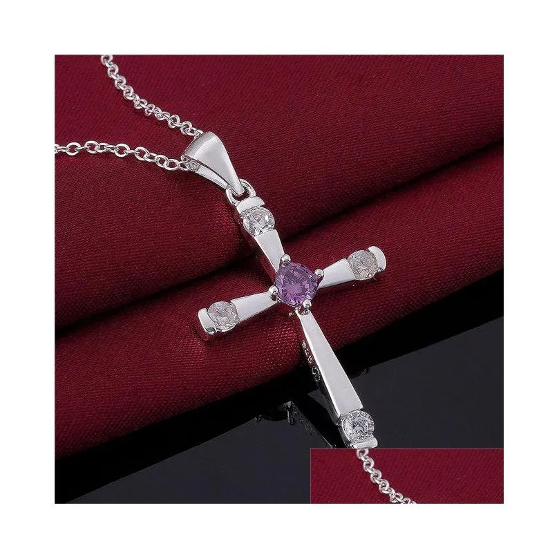 sterling silver plated cross purple zircon pendant necklaces gssn656 fashion lovely 925 silver plate jewelry necklace