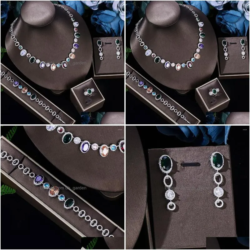 necklace earrings set 2022 deluxe 4piece fringe pendant cubic zirconia multicolor wedding party bridal and jewelry