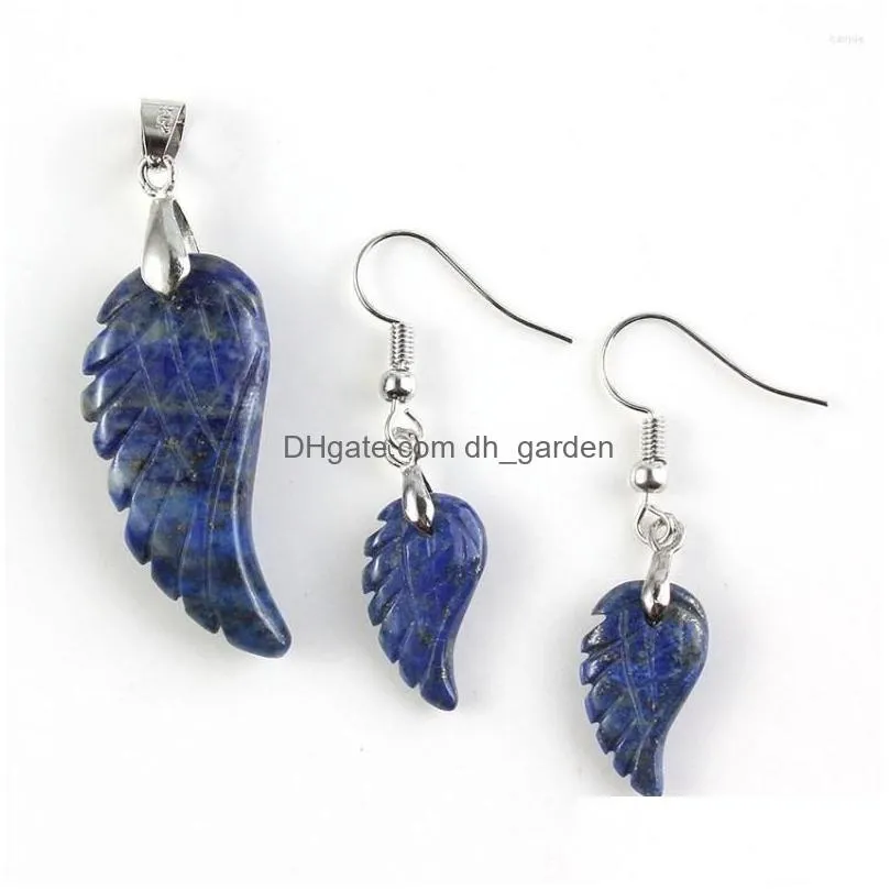 necklace earrings set fysl silver plated angel wing lapis lazuli pendant drop fluorite stone classic style jewelry