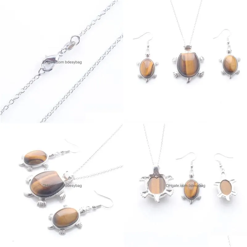 jewelry sets dangle earring for lady anniversary gift natural stone tigers eye tortoise pendant silver plated chain 45cm q3100