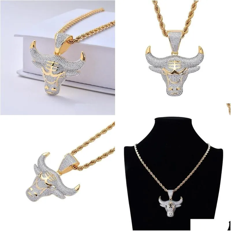 pendant necklaces hip hop out zircon animal bull head necklace for men creative punk rock party jewelry giftpendant necklacespendant