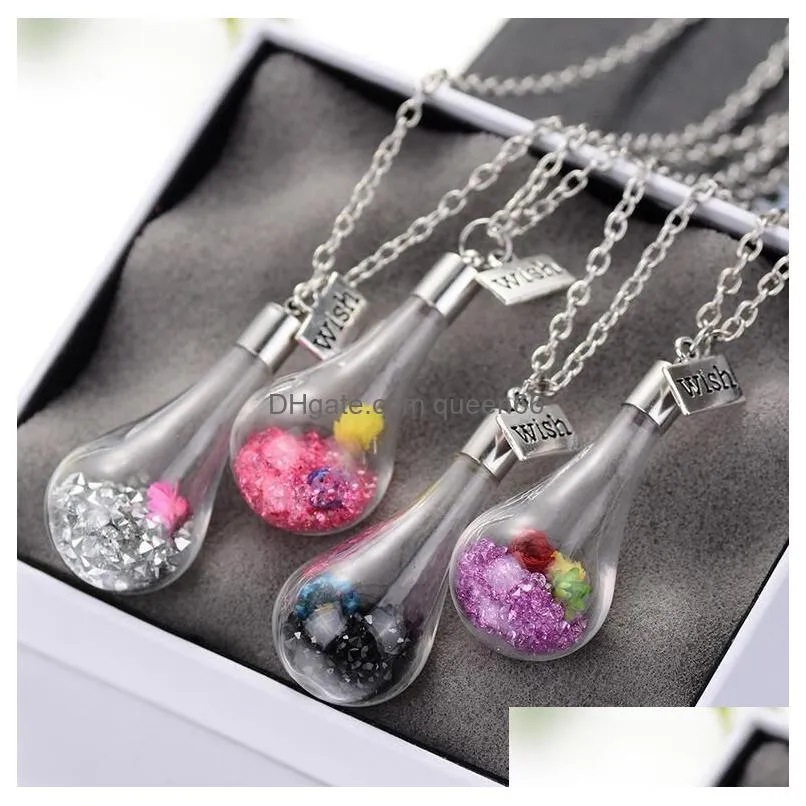 style drift bottle pendant necklace water drop glass cover dry flower hay wishing bottle wfn273 with chain mix order 20 pieces a lot