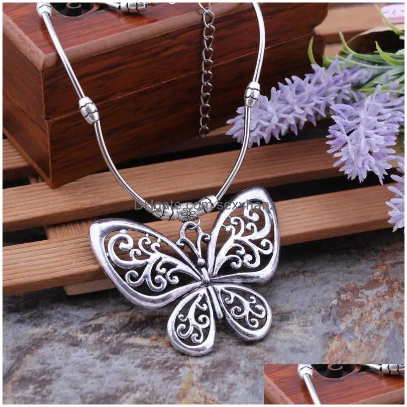 womens hollow butterfly tibetan silver pendant necklaces gstqn013 fashion gift national style women diy necklace pendants