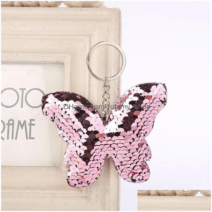 beautiful butterfly keychain glitter sequins keyfob gift for women girl laveros mujer car bag pendant accessories key rings 3 styles