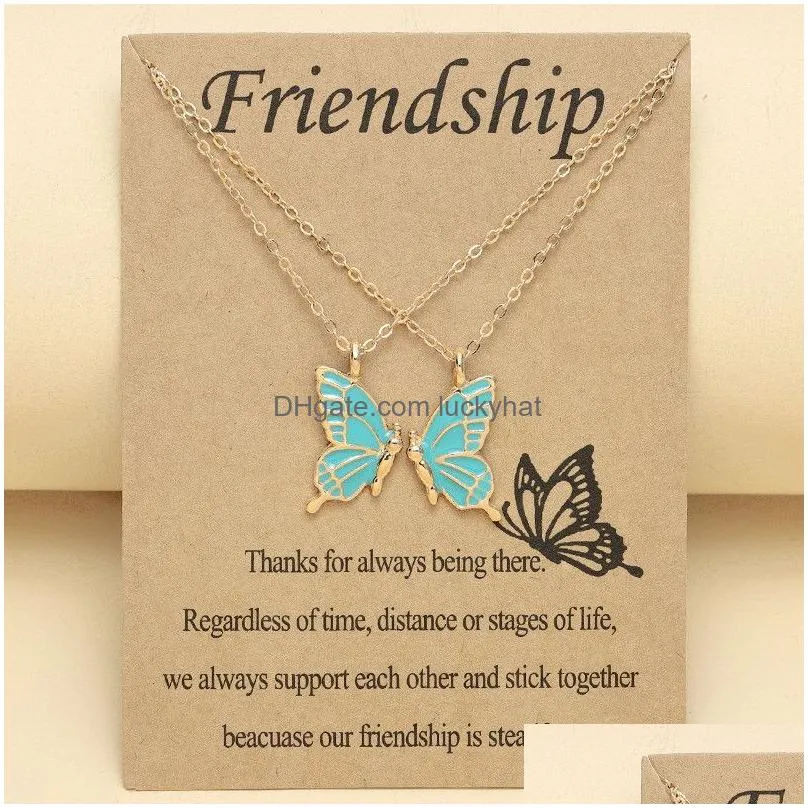 2pcs /set best friend pink butterfly pendant woman necklace jewelry alloy silver gold plated chain girls necklaces choker friendship with card
