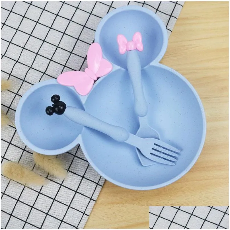 utensil kid cutlery set baby wheat straw mouse spoon fork bowl 3pcs set girls cartoon tableware dinnerware gift box kitchen supplies