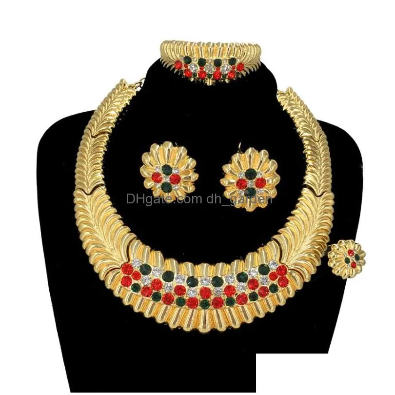 necklace earrings set gold italian big woman jewelry dubai surround shape fashion trend colored stones snake chain fhk13665