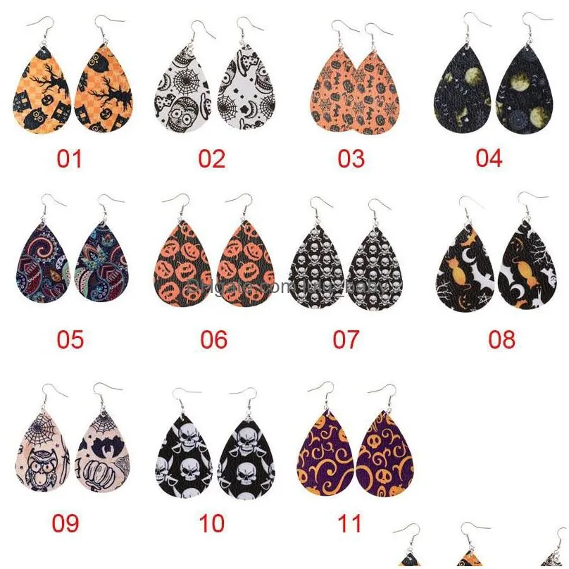 bohemian statement leather earrings pumpkin lantern skull print halloween jewelry vintage ethnic waterdrop shape dangle earrings for