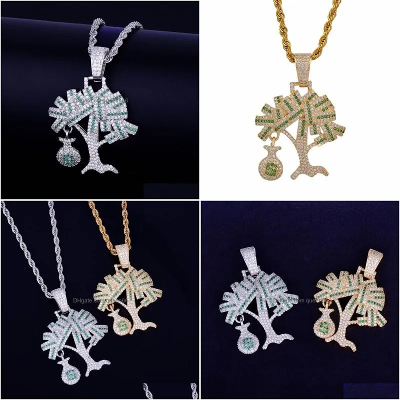 hip hop gold silver color cubic zircon us dollar money tree pendant necklace for men iced out bling jewelry gifts