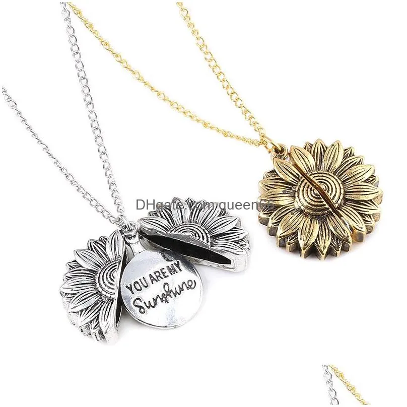 new arrival you are my sunshine necklace alloy open locket sunflower necklaces gold pendant can open long chain necklace party jewelry