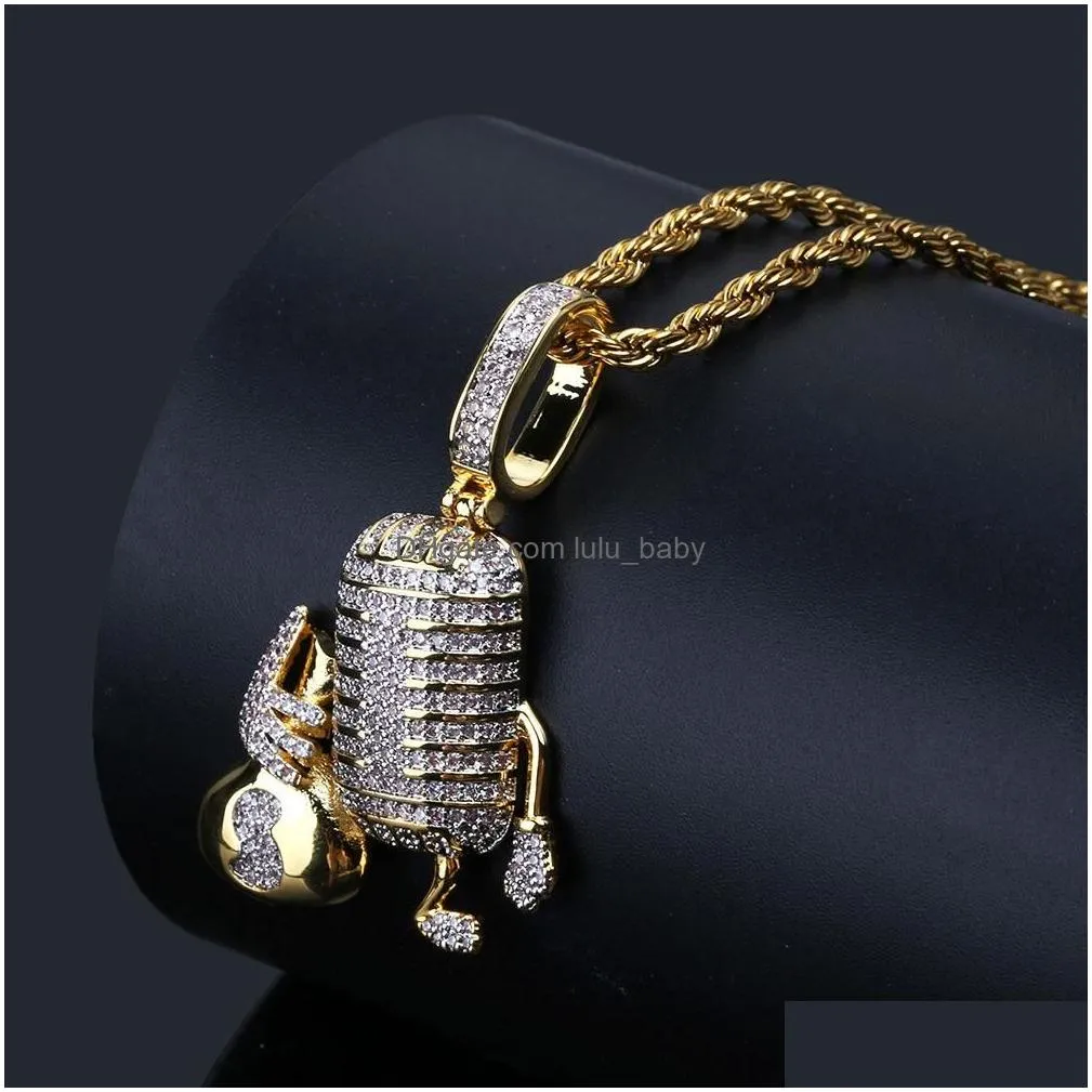 hip hop copper microphone holding money bag iced out cubic zircon pendant necklace men jewelry with rope chain