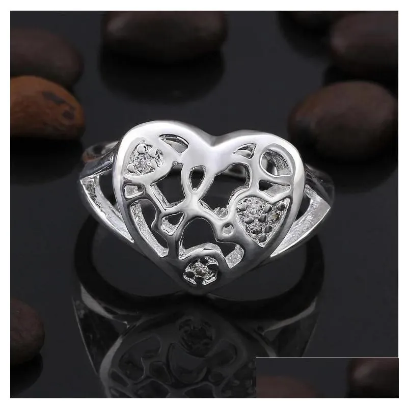 womens sterling silver plated hollow heart zircon ring with side stones gssr509 fashion 925 silver plate rings