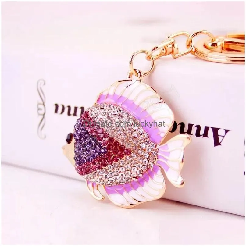 creative diamond inlay cartoon color tropical fish key chain womens bag accessories animal car keyrings metal pendant