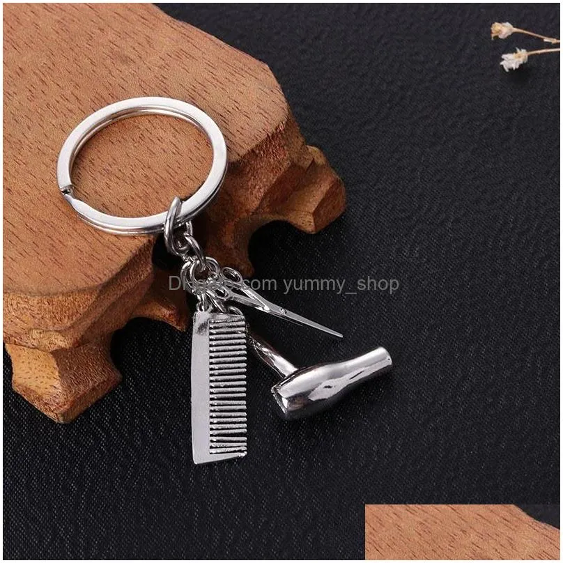 fashion haircut scissor comb hair dryer keychain key ring charm silver gold plated key chain bag hangs fashion jewelry