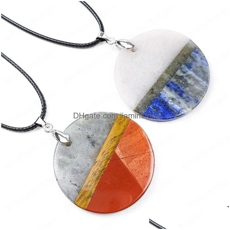 natural stone round stitching plate pendant labradorite energy balance healing reiki crystal lapis red jasper diy necklace