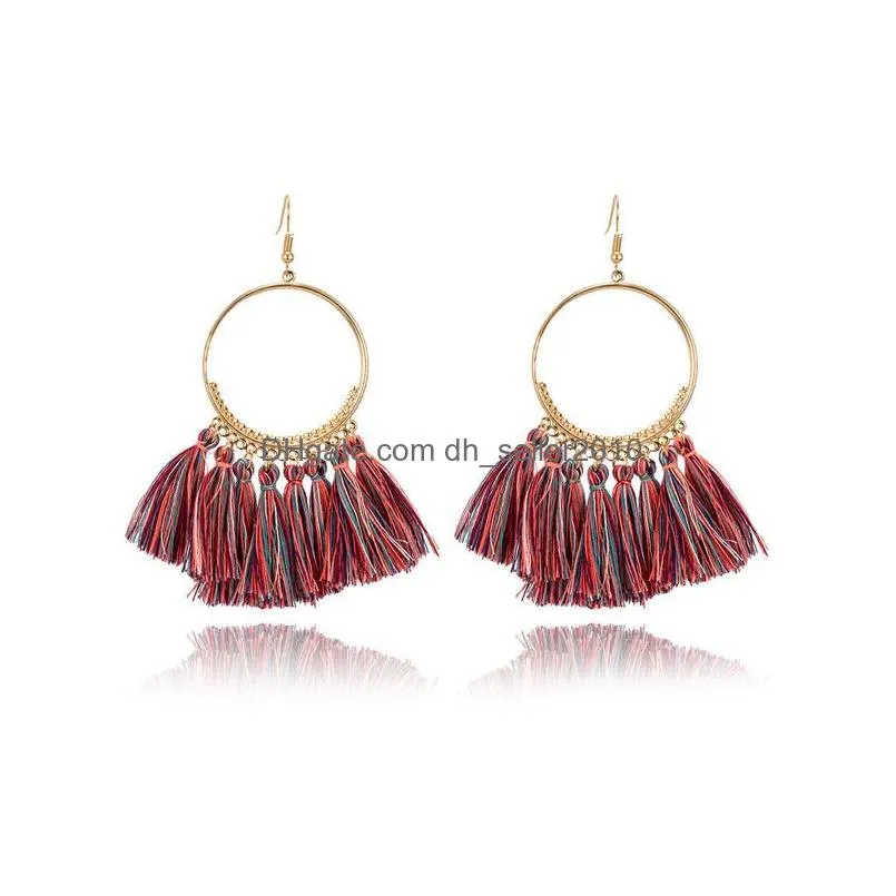 bohemian handmade statement tassel earrings for women fashion round earrings jewelry cotton rope fringe long dangle earrings