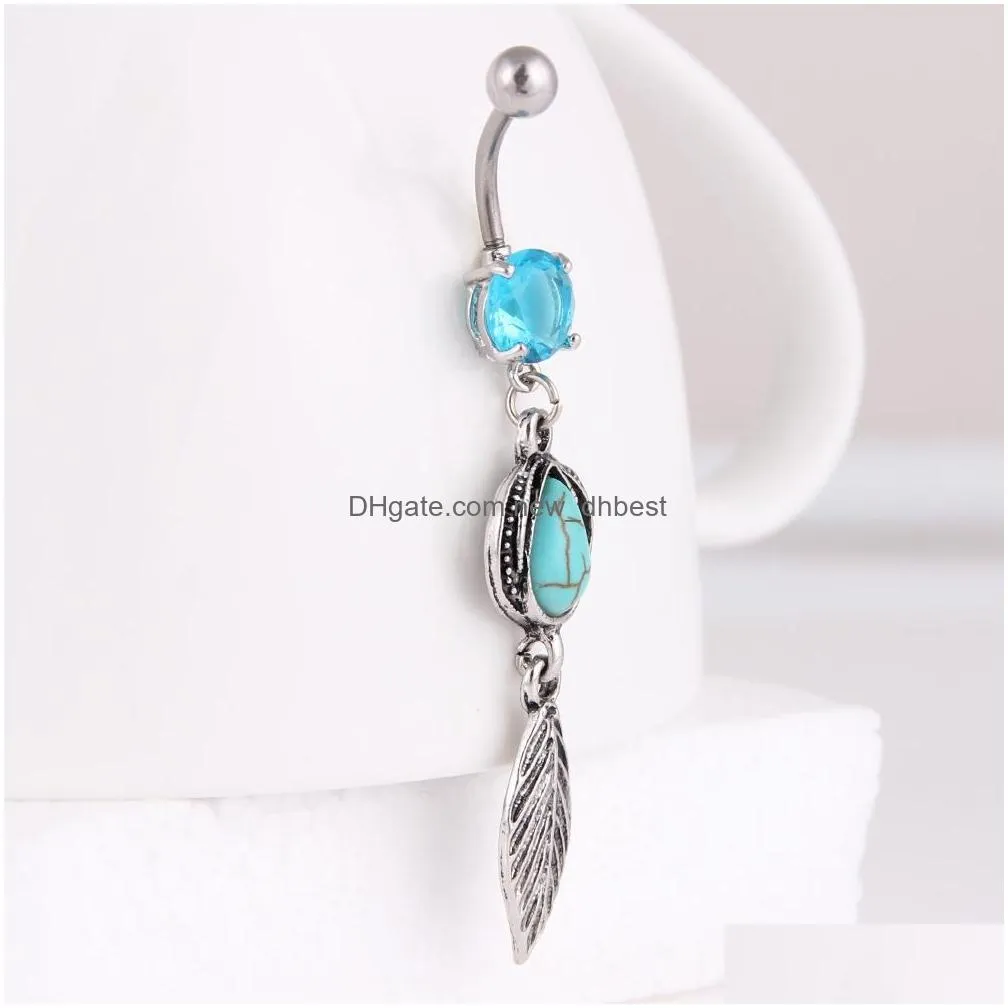 fashion belly button rings 316l stainless steel barbells dangle turquoise ball match feather navel rings piercing jewelry