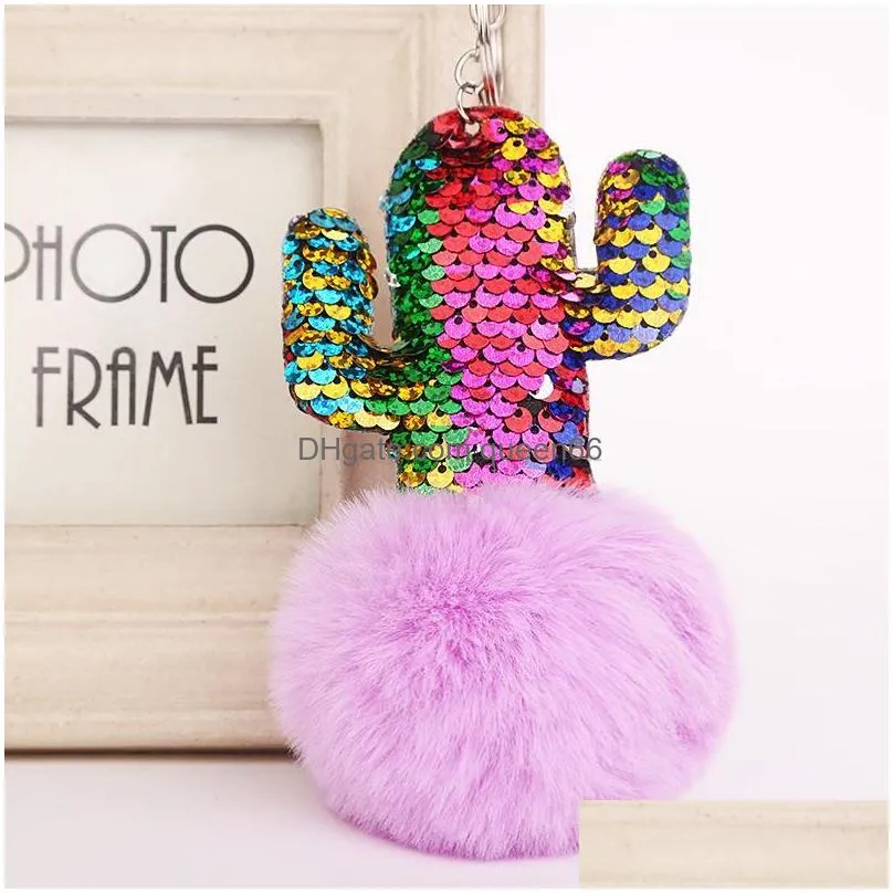 fluffy sequins cactus keychain faux rabbit fur ball bag key ring plush rainbow keychain plant pendant pompon key chain 14 colors