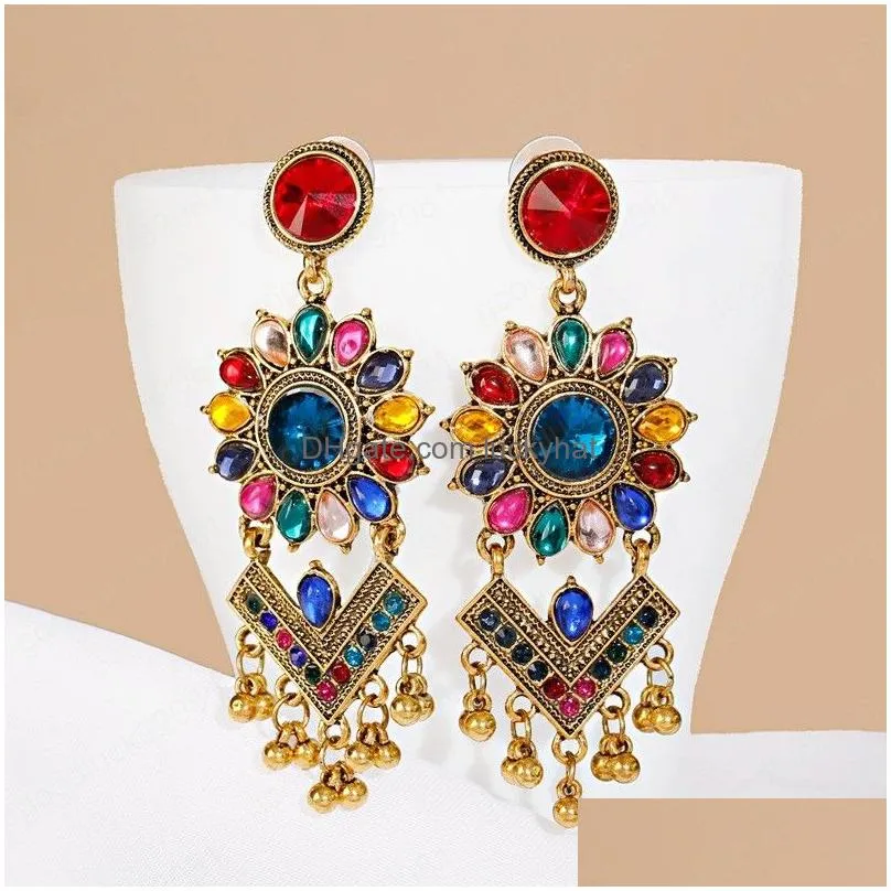 classic womens corful crystal flower dangle earrings fashion jewelry vintage gold color bohemia wedding earrings hangers