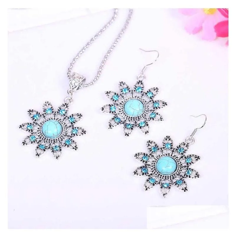 womens sun flower tibetan silver turquoise earrings necklace set gstqs026 fashion gift national style women diy jewelry sets