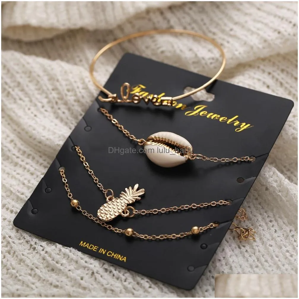 bohemian shell letter bracelets set for women girl chain link pineapple bracelet bangles charm female jewelry 4pcs/set