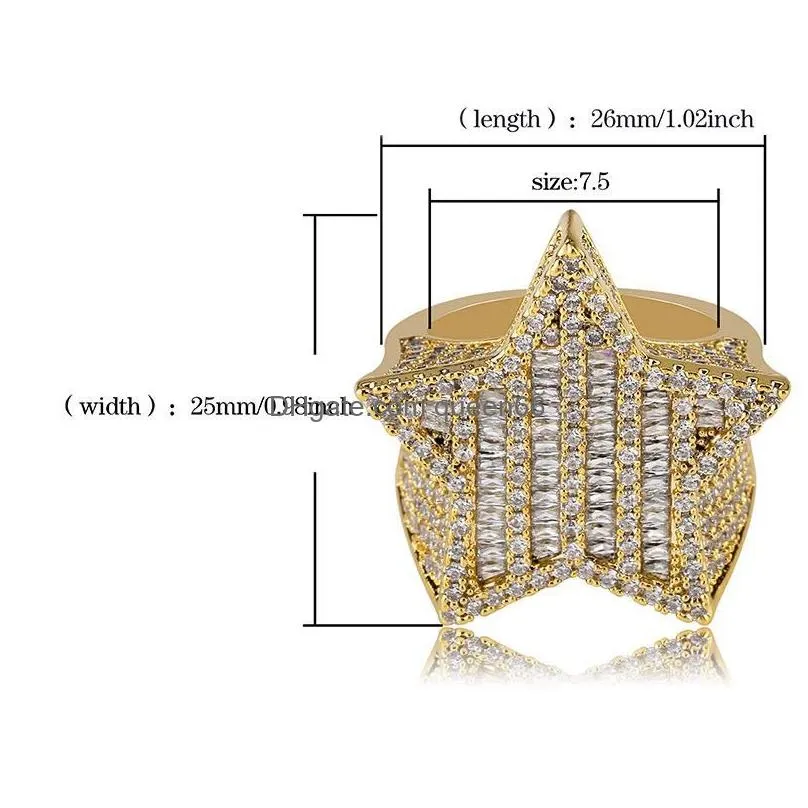 18k gold white gold mens luxury bling cubic zirconia pentagram hip hop ring band full diamond iced out rapper jewelry gifts for