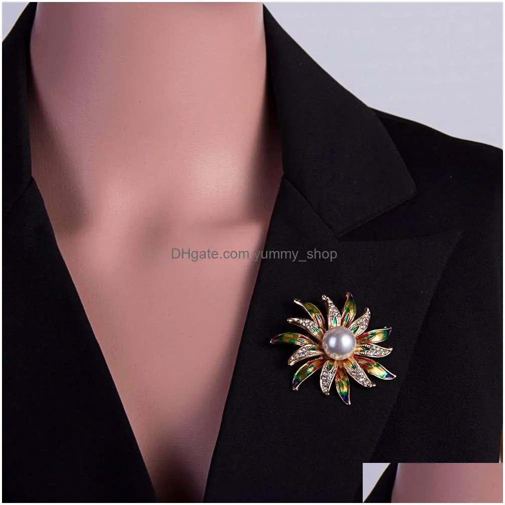 large pearl rhinestone sunflower brooches enamel metal flower brooch pin pins scarf buckle gift women jewelry