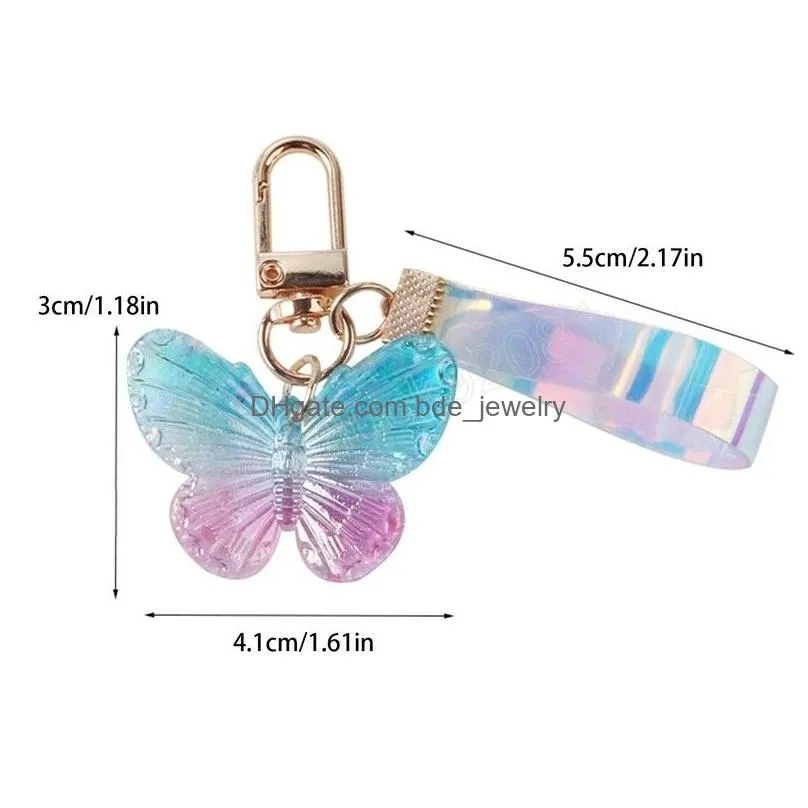 fashion acrylic gradient butterfly keychain stereoscopic dream colourful butterfly keyring with wrist strap women bag ornaments